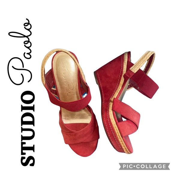 Studio Paolo Red Slingback Sandal Wedges - Picture 2 of 9